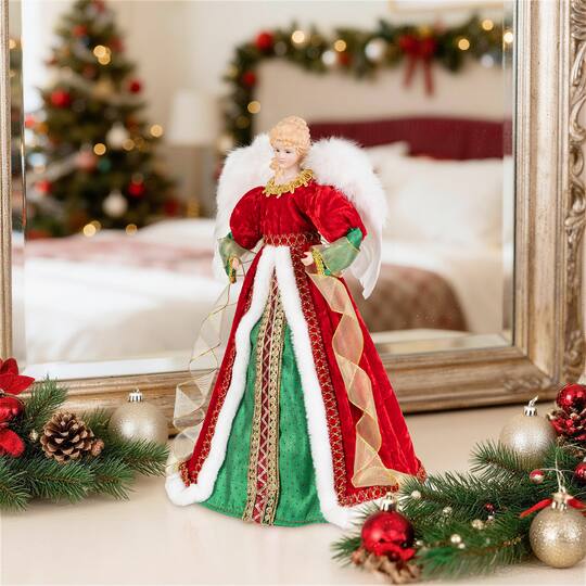 Glitzhome® 18" Faux Fur & PVC Traditional Christmas Angel Tree Topper with Porcelain Face